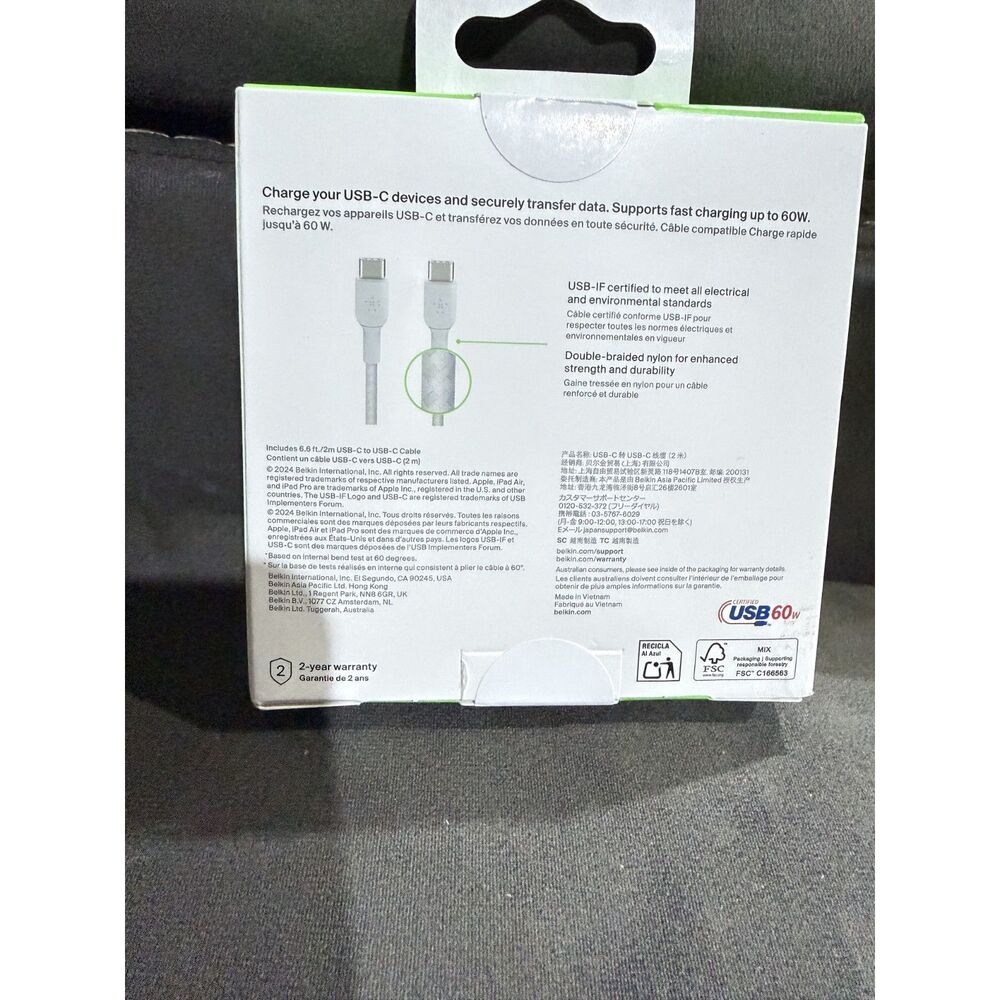 Belkin BoostCharge USB-C to USB-C Cable 6.6ft 2M 60W Fast Charging Braided White